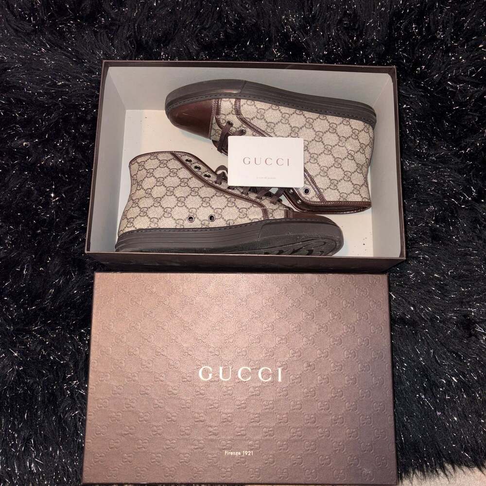 Vintage Gucci GG Supreme High Top Sneakers in Beige and Ebony Mens 8.5 - Picture 1 of 9